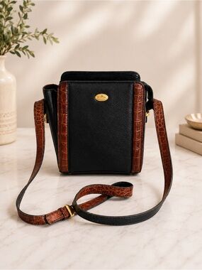 Bally Vintage Leather Crossbody Bag Black Brown Croc Embossed Shoulder Purse